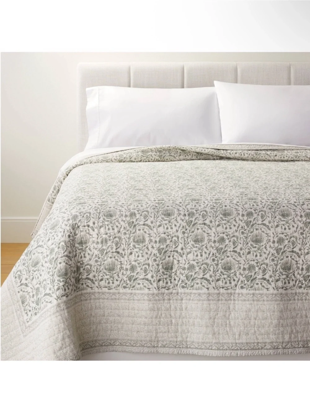 NWT King Decorative Border Cotton Slub Print Quilt Light Teal Green